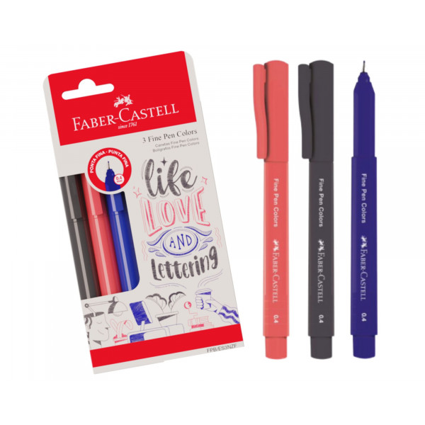 Canetas Fine Pen 3 Cores Preto Vermelho Azul - Fab...